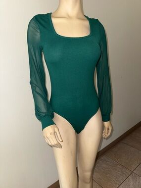 Green Sheer-Sleeve Bodysuit - Women Tops